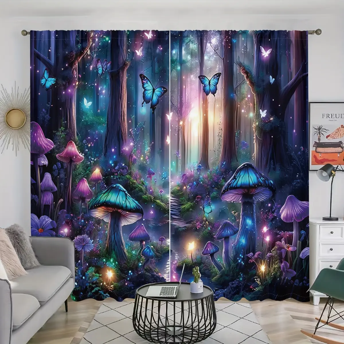 forest mushroom butterfly printed curtains, Home Decorative Curtain, magical fairyland theme, pole pocket style, semi sunshade polyester fiber, for home living room, bedroom, balcony, kitchen window, anti privacy, Interior Decoration Accessories
