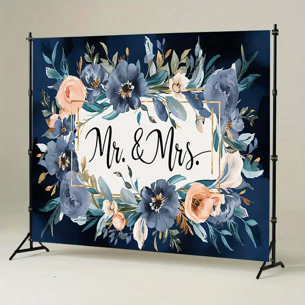 1PC Polyester Reusable 2D Flat Mr. & Mrs. Floral Wedding Arched Backdrop - Blue Pink Watercolor Flower Gold Frame Background Cloth, Romantic Photo Booth Prop, Party Decoration Supplies, Marriage Standing Banner