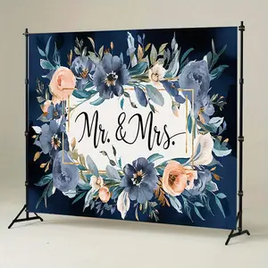 1PC,2D Flat Mr. & Mrs. Floral Wedding Backdrop, Blue Pink Watercolor Flower Gold Frame Background Cloth, Romantic Wedding Ceremony Photo Booth Props, Party Decoration Banner for Engagement Bridal