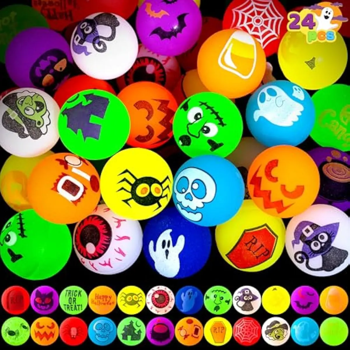 24 PCS Glow Halloween Bouncing Balls, Glowing Bouncy Ball Halloween toys for Kids Gift, Halloween Party Favors Bounce Ball Goodie Bag Fillers, Trick or Treats Classroom Exchange Prizes