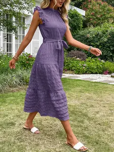 A women's solid color fashionable ruffled puff sleeve lace collar tie-front textured high-waisted womenswear dress, suitable for summer, vacations, daily outings, gatherings, or aea occasions.