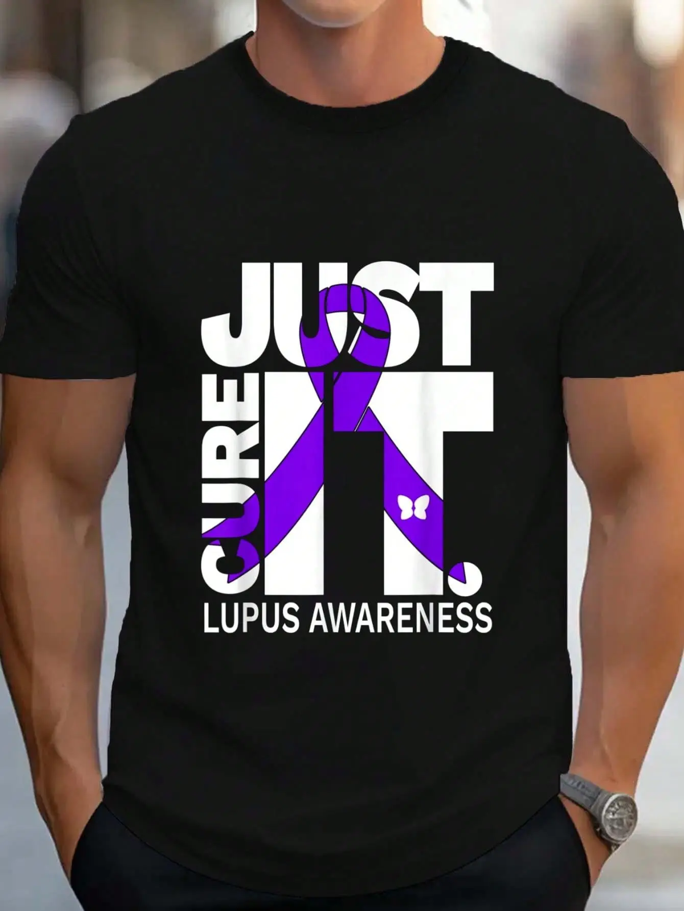 Men's Streetwear Tshirt with Lupus Awareness Graphic, Vintage Distressed 100% Cotton Casual Shortsleeve Round Neck Tee, Menswear, Top, Casual Fit