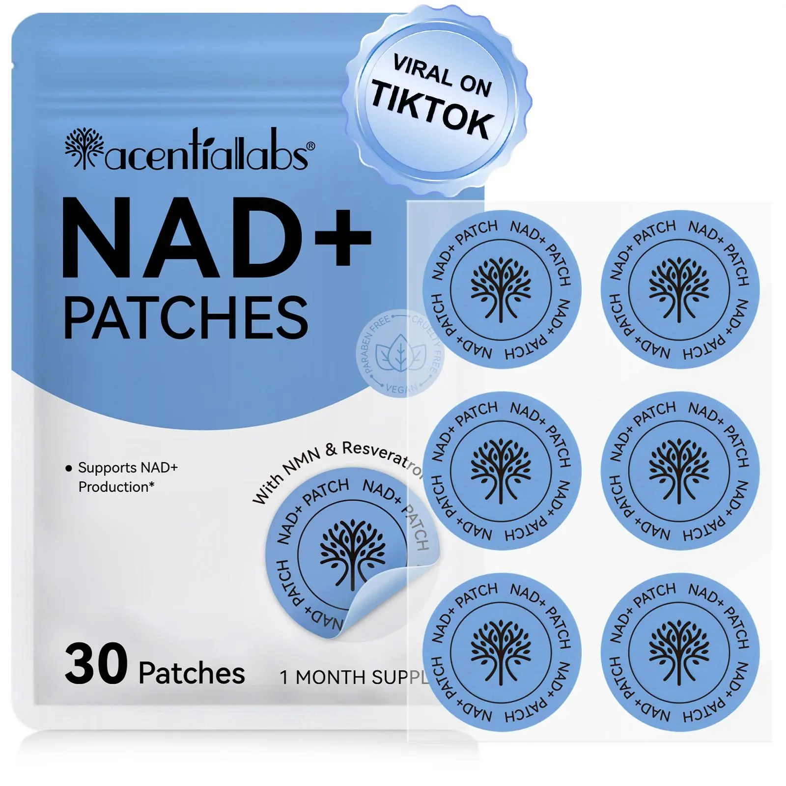 30pcs Acential Labs Nad+ Skin Patch, Wearable Waterproof Sweat-Resistant Skincare, Essential Ingredients Include Nmn & Resveratrol, Pack