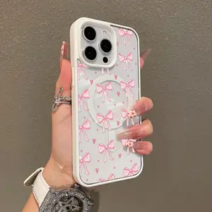Magnetic Compatible Case for iPhone 17 16 E Pro Max 15 Plus 14 13 12 11 XS XR, Pink Bow Heart Aesthetic Print | Shockproof, Silicone, Lightweight, Scratch Resistant, and Trendy Protection