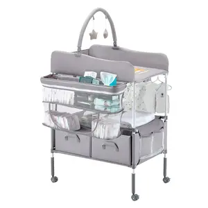 Baby Changing Table, Foldable Diaper Change Station with 2 Fabric Drawers, Side Basket & Hanging Rod, Adjustable Height, Portable with Lockable Wheels, 2 Star Toys, Light Gray