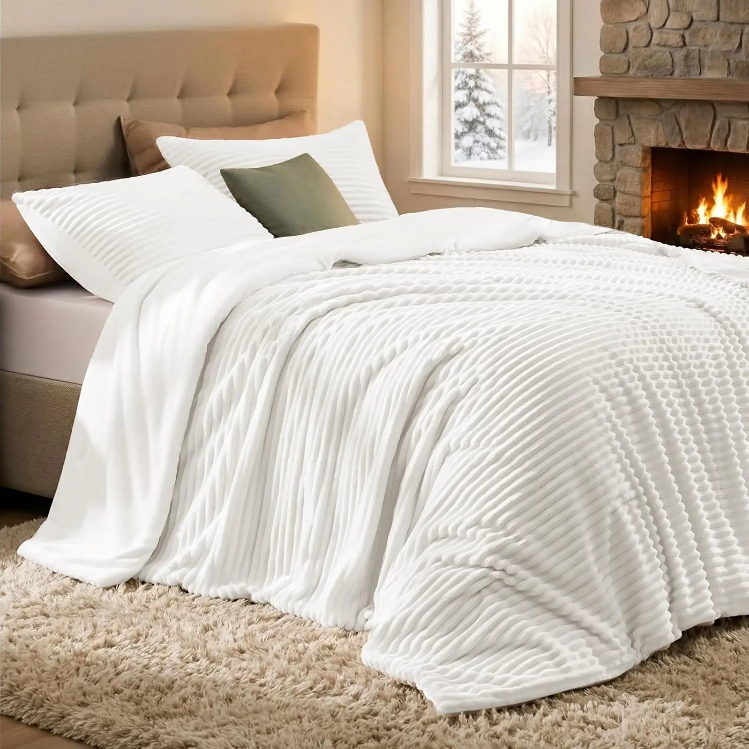 Queen Size Fleece Comforter Set - 90"x90" Super Warm Lightweight Fluffy Velvet Flannel Classic Modern Stripes Winter Bedding Set with 2 Pillowcases
