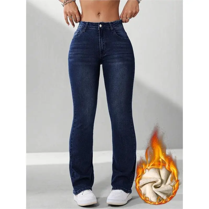 Women's Fall Winter Fleece Lined Thick Warm Comfortable High Waist Skinny Denim Jeans, Elegant Style, All Seasons Wear