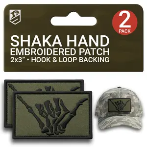 Shaka Hand Patch Set – 2Pcs Olive Green Embroidered Skeleton Tactical Patches (2x3 Inches)