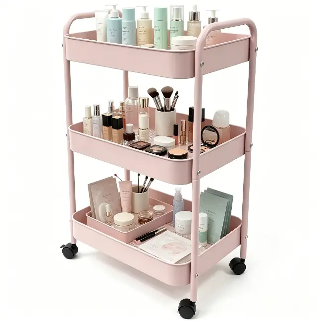 Multi-Layer Rolling Storage Cart with Lockable Silent Wheels, White & Pink Easy Assemble Utility Trolley, Nursery Diaper, Vanity Makeup & Home Bathroom Kitchen Storage Organizer