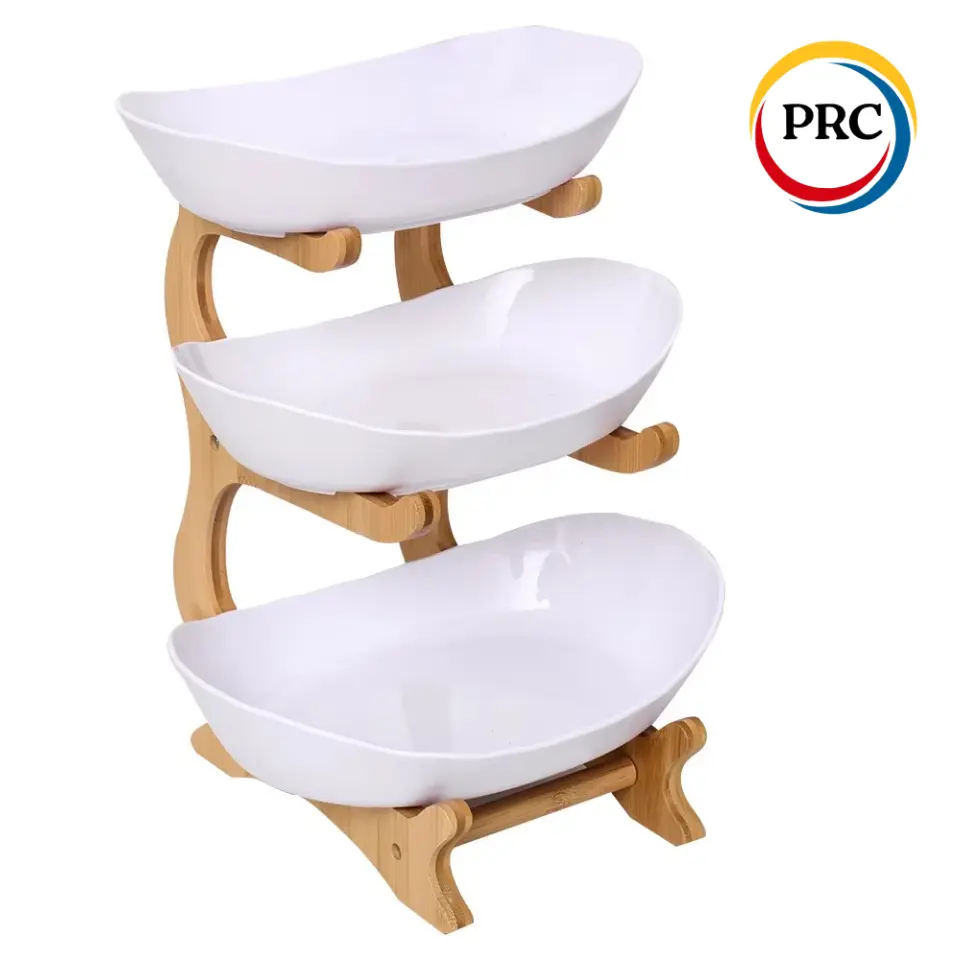 3-Tier Fruit Basket with Bamboo Stand | Premium Food-Grade Plastic Oval Bowls for Kitchen Counter