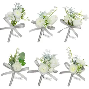 TINGE TIME Boutonniere for Men Wedding, Set of 6, White Groom boutineer Suit Decor for Wedding Ceremony Anniversary, Formal Dinner Homecoming and Prom