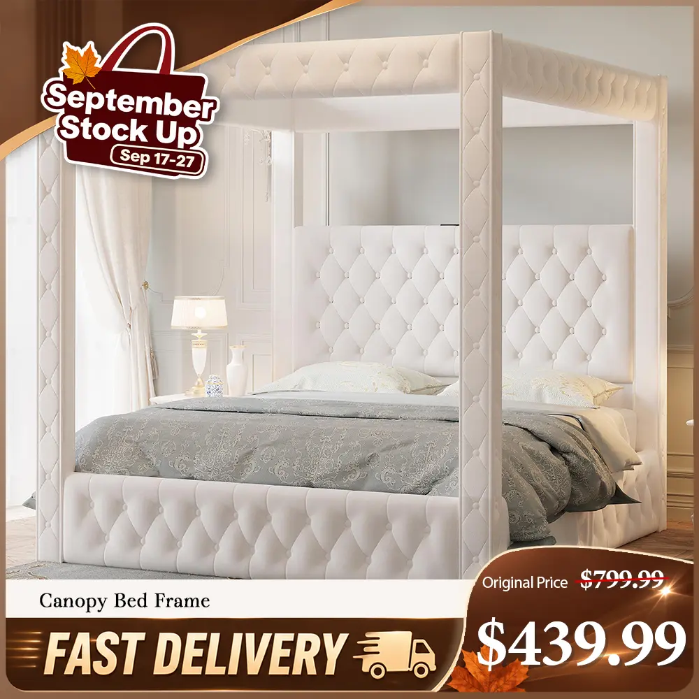 【King Size Shipped in 2 Boxes】AMERLIFE Canopy Bed Frame with 74.8" Tall Four-Post Design and 51.2" Deep-Tufted Velvet Upholstered Headboard with Charging Station/Modern Light-Luxury Style/No Box Spring Needed #SohoChic