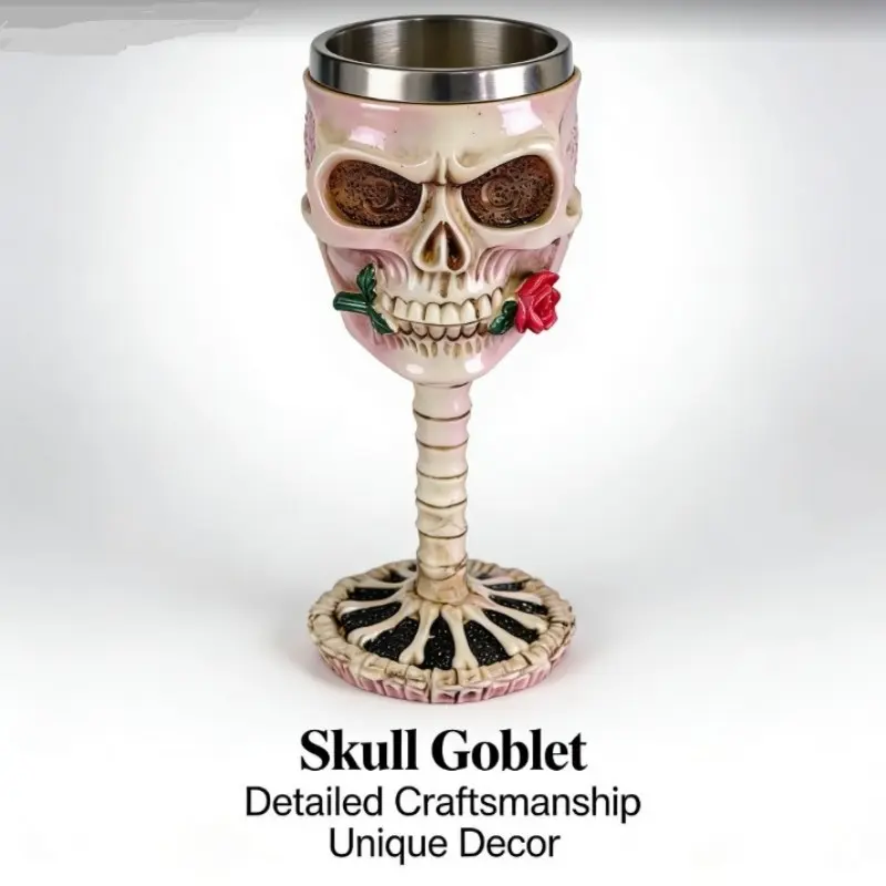 Gothic Rose Skull Tall Glass, Bone Dragon Cup, Stainless Steel, Spooky Halloween Decoration, Resin Wine Glass Goblet for Bar Parties, Unique Gothic Style Drinkware, Goblet Glasses