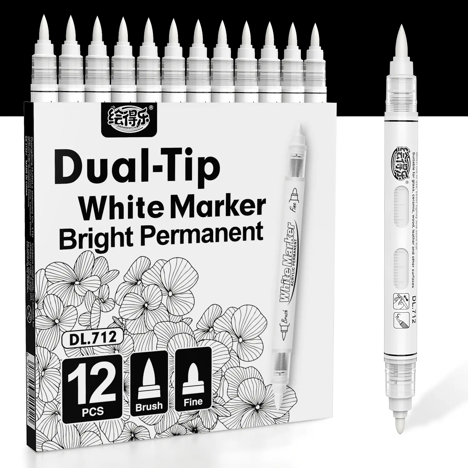 Hdele Dual Tip Acrylic Paint Markers, Brush & Fine Tip, Direct Liquid Ink System White Permanent Pens for Fabric, Plastic, Rock Painting, Wood, Glass, Ceramic, Canvas, Stone, DIY Crafts