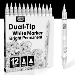 Hdele Dual Tip Acrylic Paint Markers, Brush & Fine Tip, Direct Liquid Ink System White Permanent Pens for Fabric, Plastic, Rock Painting, Wood, Glass, Ceramic, Canvas, Stone, DIY Crafts