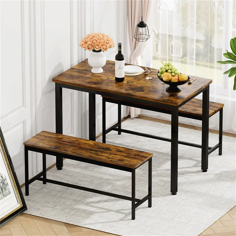 Wood Dining Table Set of 4 with 2 Benches, Brown Indoor Dinette Set for Breakfast Nook, Small Space Kitchen & Dining Room Use