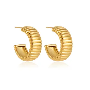 Gold Ridged Arch Hoops - Elegant Gold Color Hoop Earrings with Textured Design for Everyday Wear