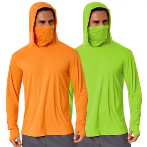Men's UPF 50+ Hooded Fluorescent Sun Protection Reflective Fishing Shirts with Face Mask - Safety Long Sleeve UV Protection Hoodie with Neck Gaiter for Construction, Outdoor Work - Lightweight, Moisture-Wicking, Breathable, Quick-Dry, Dust Proof