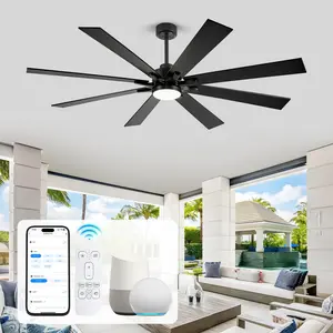 62/72 Inch Large Industrial Ceiling Fan, Outdoor Ceiling Fans for Patios with Light, Smart Alexa/App/Remote Control Plywood 8-Blades High CFM Modern Farmhouse Ceiling Fan for Bedroom Living Room Porch, Black/Silver&Oak Indoor Lighting
