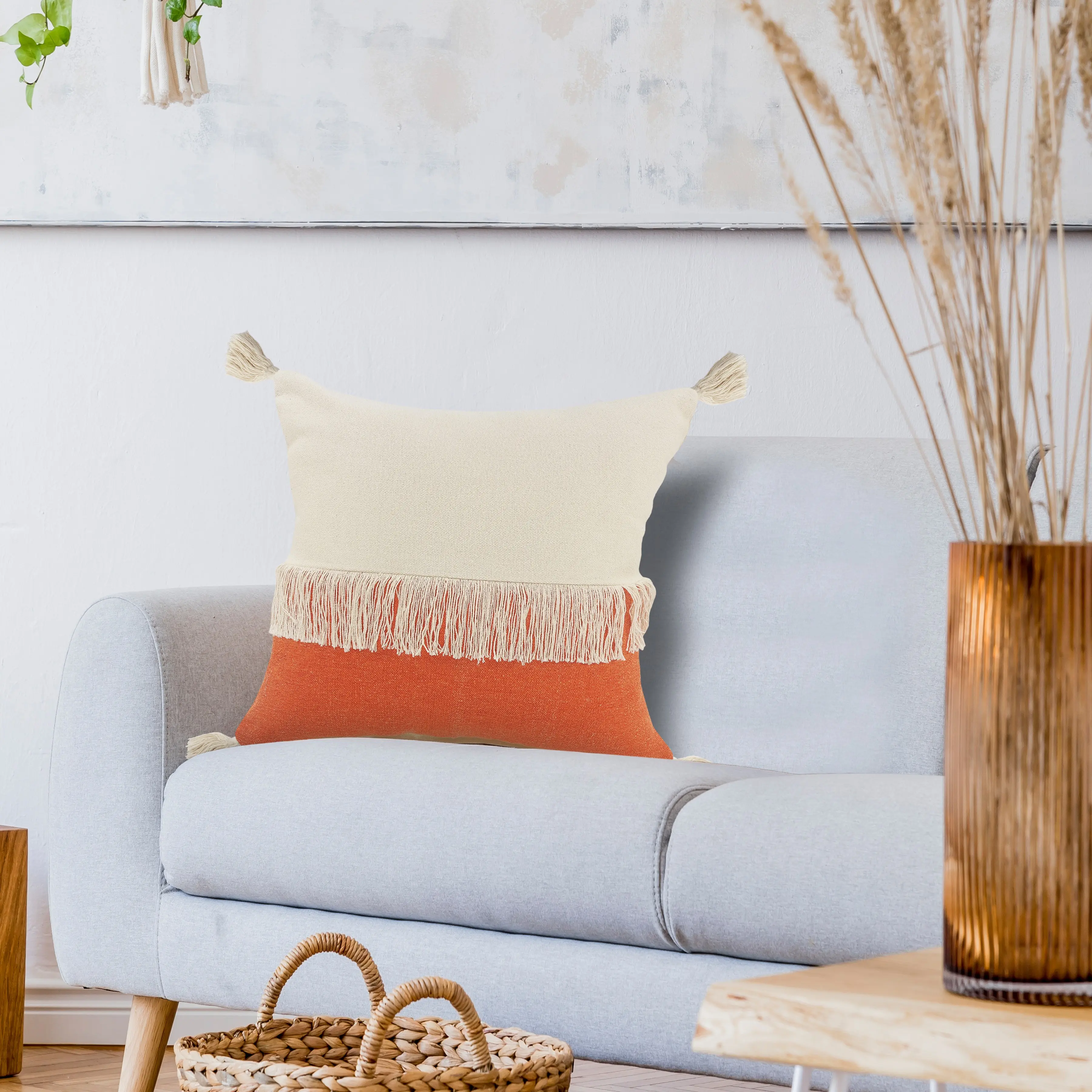 Fringed Color Block Throw Pillow – 20" x 20" or 14" x 36", Soft Cotton – Casual Bohemian Décor (Orange, Blue, Purple, Red, Green, Red)
