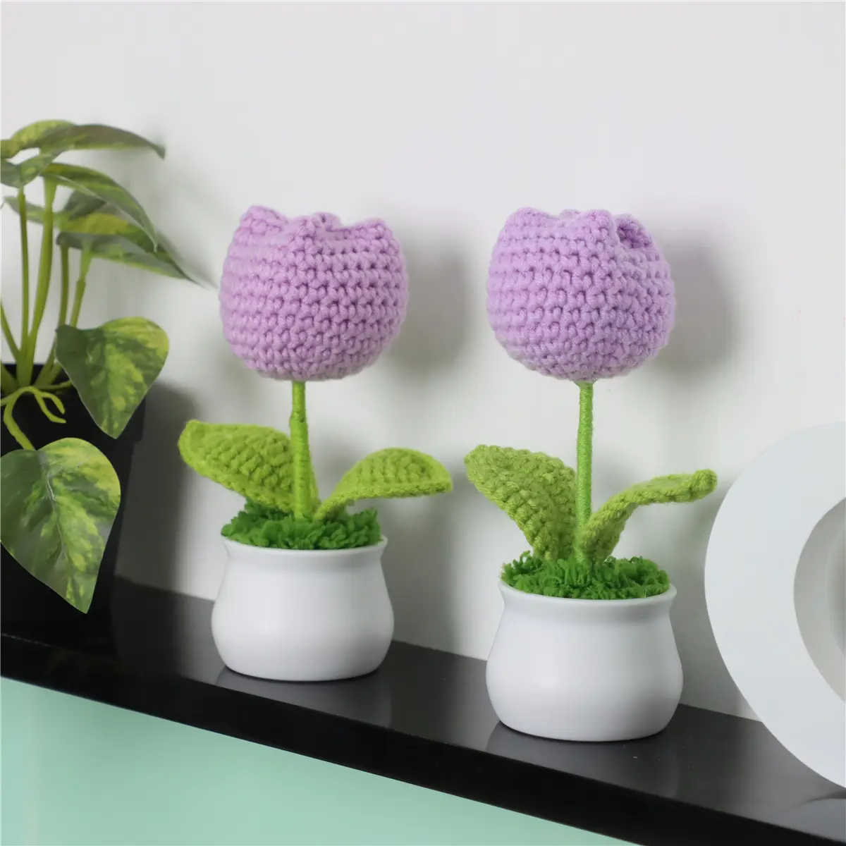 Handcrafted Miniature Yarn Tulip Potted Decorative Flower - Home Decor Gift for Mother's Day, Graduation Season