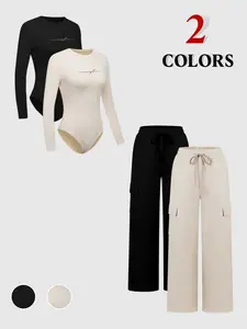 Women's Solid Long Sleeve Bodysuit & Drawstring Waist Pants Set, Casual Round Neck Bodysuit & Trousers, Women's Clothing for Daily Wear