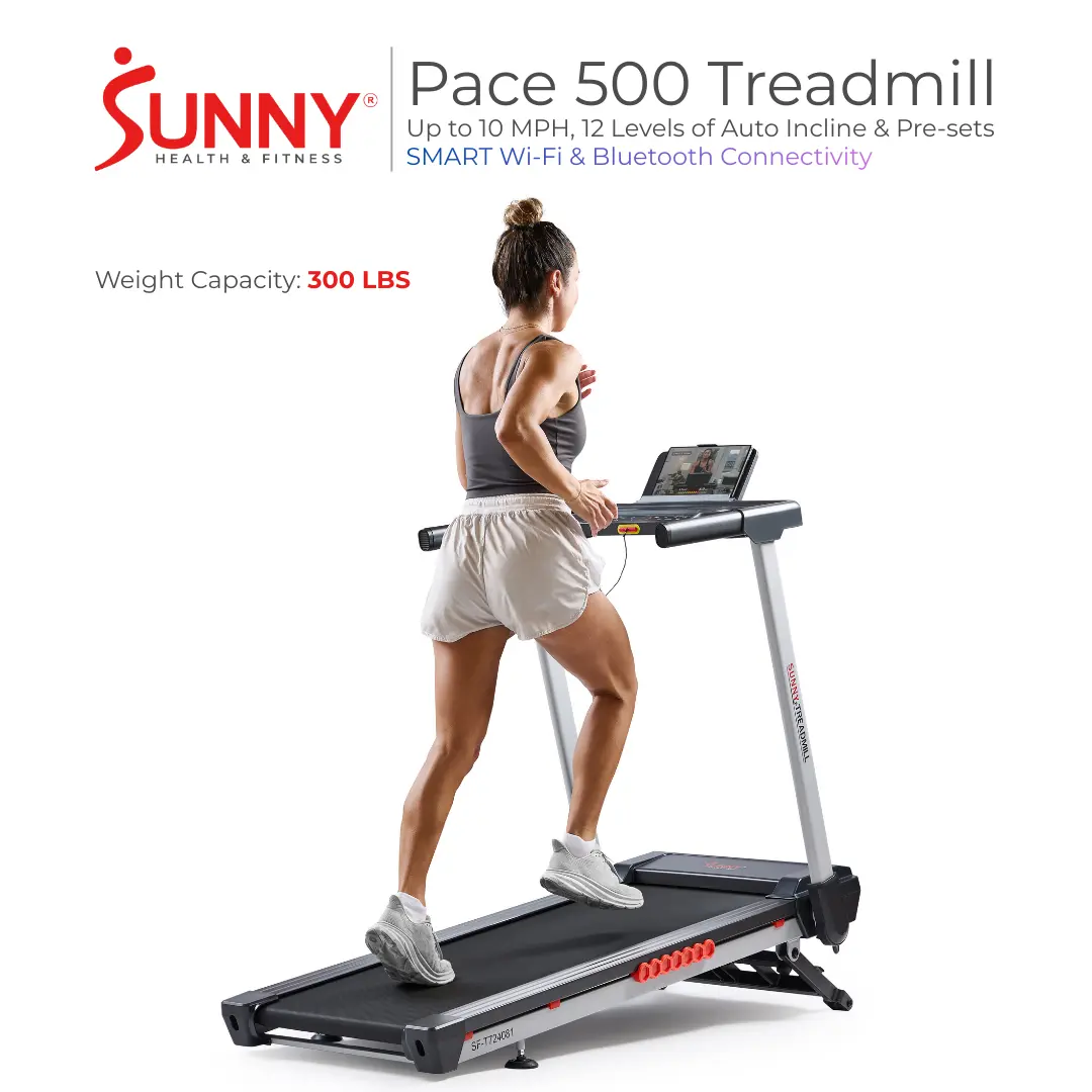 Sunny Health & Fitness Pace 500 Smart Auto Incline Treadmill with 18" Wide Running Surface 300 LBS Capacity 12 Incline Levels & Up to 10 MPH Speed Sunny Health & Fitness Pace 500 Smart Auto Incline Treadmill with 18" Wide Running Surface 300 LBS Capacity 12 Incline Levels & Up to 10 MPH Speed
