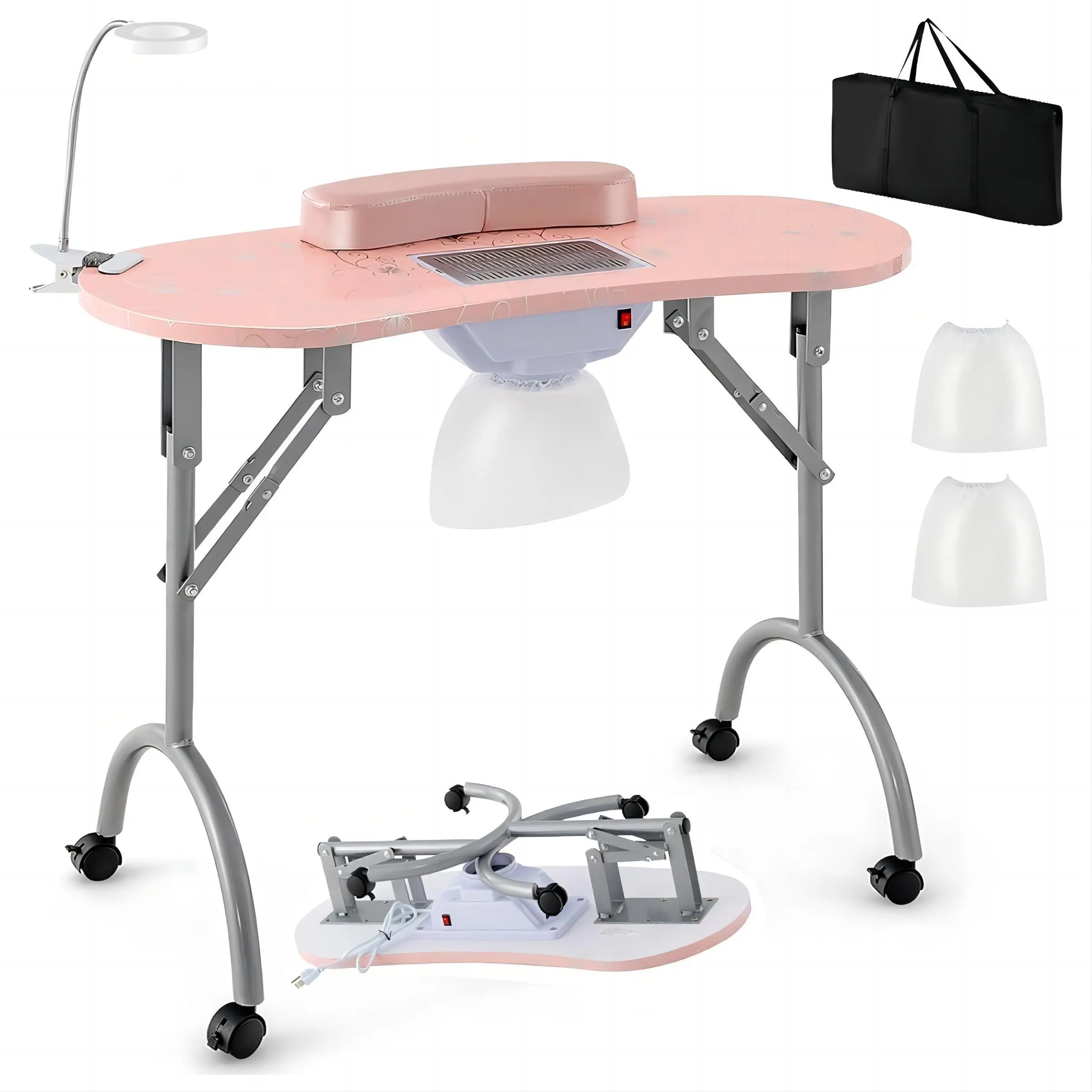 Costway - Nail Table for Nail Tech, Portable Manicure Table with Electric Dust Collector, USB-Plug LED Lamp, Wrist Rest, 4 Lockable Wheels