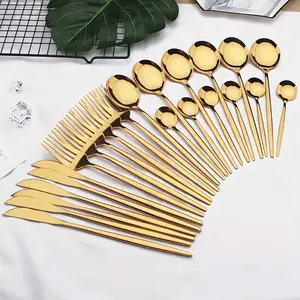 24/4pcs Stainless Steel Cutlery Set, Cutlery Set,long handle spoon，Modern Elegant Cutlery Set For Party, Christmas, Dinner Tableware, Best Birthday Wedding Gift, Dishwasher Safe, Mirror Finish (Golden/ Silvery )