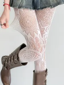 Vintage Tattoo Style Lace Pattern Print Stocking, Tights, Fishnet Pantyhose, Gothic Punk Fashion, Perfect for Music Festivals and Parties