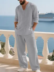 Men's Linen Set Long Sleeve V Neck Shirt & Pants, Casual Loose Fit Beach Vacation, Spring Fall Fashion Comfortable Wear