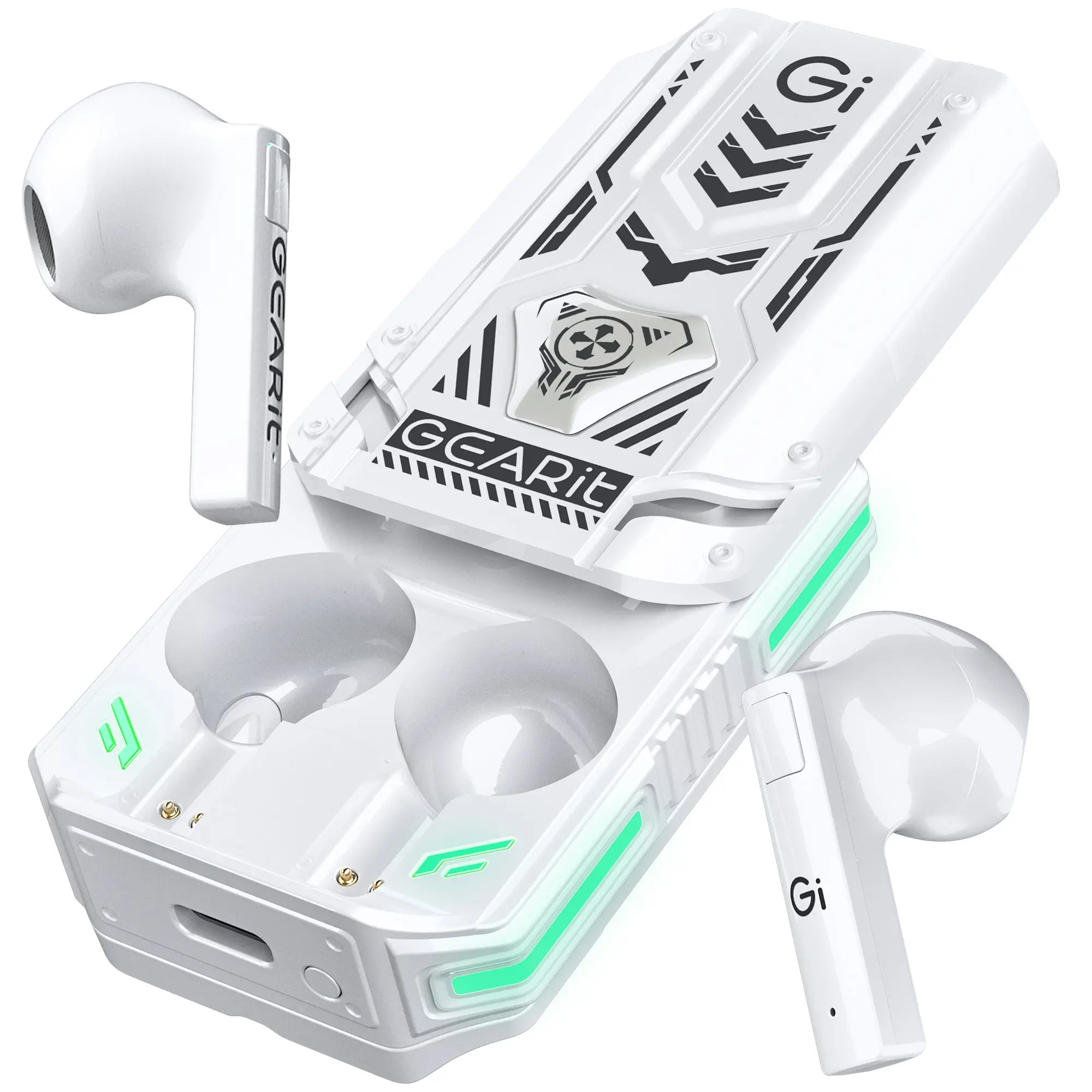 GEARit True Wireless Bluetooth 5.3 Earbuds with Microphone, Noise-Reducing Headset for iPhone, Android & Game Console, in-Ear Connection Audio, RGB Charging Case, Rechargeable Batteries, White