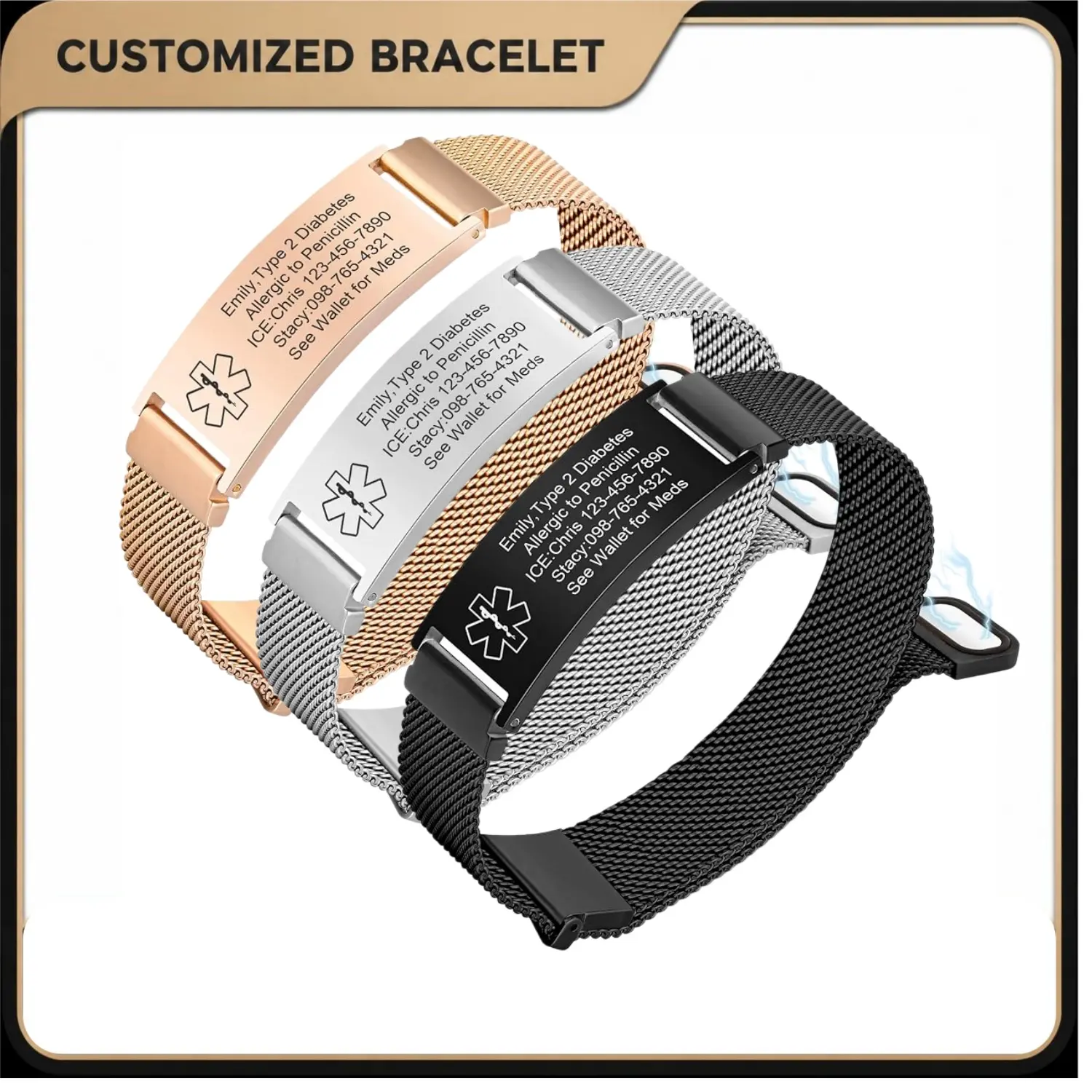 Medical Alert Id Bracelet for Men Women, Custom Engraving Adjustable Stainless Steel Customizable Mesh Emergency Survival Medic Bracelets Wristband Loop Band with Replacement Tag