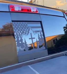 Precut American Flag Cross Mountain Forest Rear Window Decal, Matte Black Vinyl USA Flag Truck Back Sliding Glass Sticker, for Tacoma Exterior Window Accessories