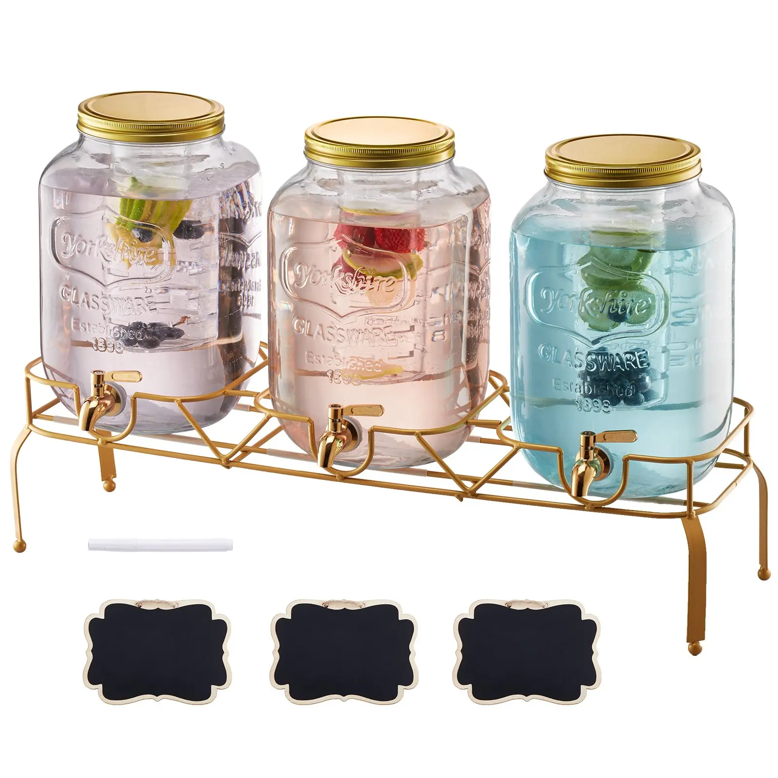 VEVOR Glass Beverage Dispenser Set (3-Pack, 2 Gal Each) with Metal Stand, Stainless Steel Spigot, Infuser, Lid, Transparent Durable Pitchers, Dishwasher-Safe for Parties, Back to School