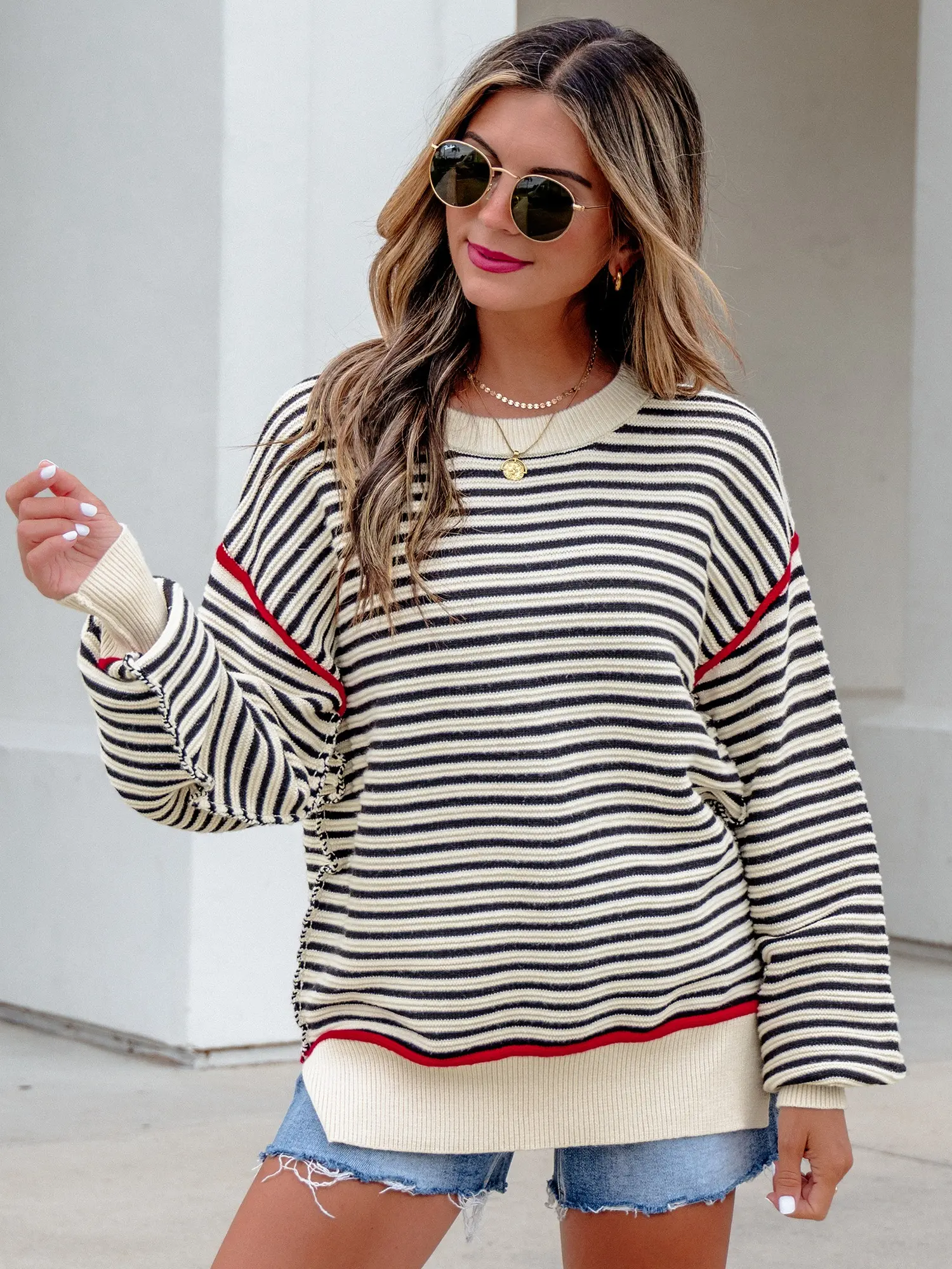 Women's Oversized Striped Knit Sweater Casual Long Sleeve Crewneck Pullover with Side Slit