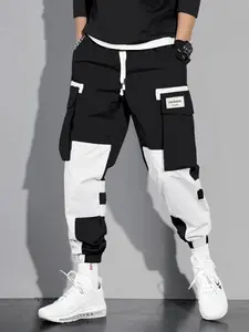 Men's Colorblock Drawstring Waist Cargo Pants, Casual Flap Pocket Letter Patched Trousers, Men's Streetwear Bottoms, Comfy Jogger Pants for Men