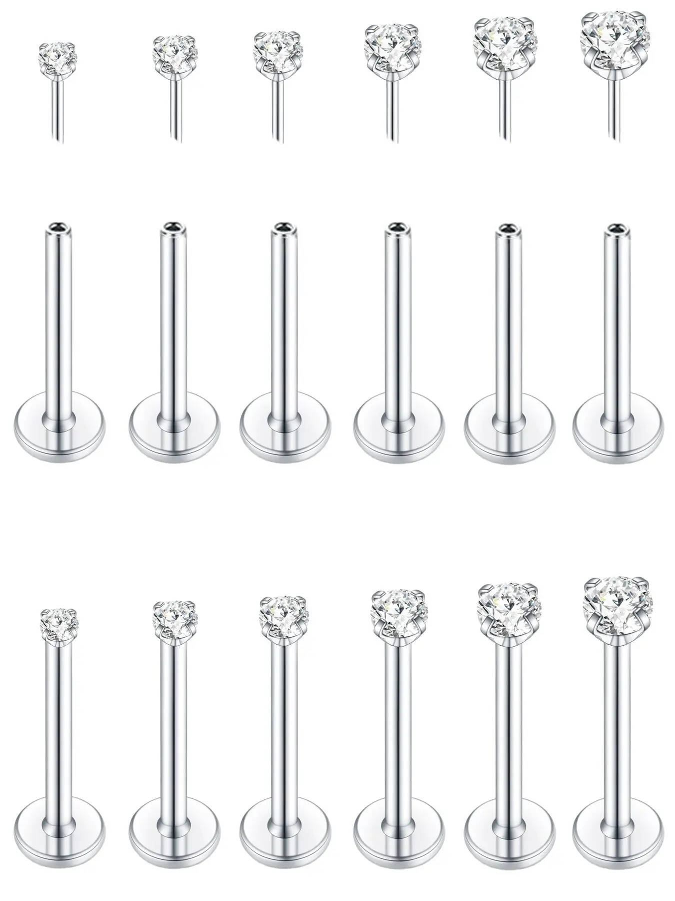 6 Pairs Push in Nose Studs for Women Men Stainless Steel Lip Rings Threadless Tragus Earrings CZ Flat Back Stud Earrings Nostril Labret Conch Cartilage Earrings Helix Medusa Piercing Jewelry Cartilage Piercings 8mm 18G