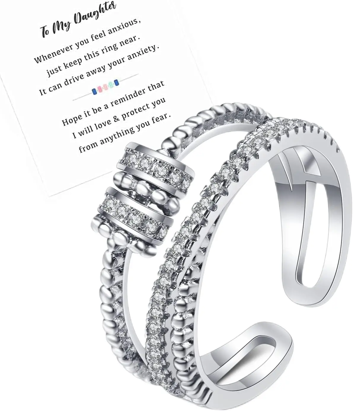 Anxiety Ring, 18K Gold Fidget Ring for Daughter from Mom to My Daughter Cubic Zirconia Adjustable Thumb Stress Anxiety Relief Ring for Women Teens Girls with Beads Spinner Askljeby