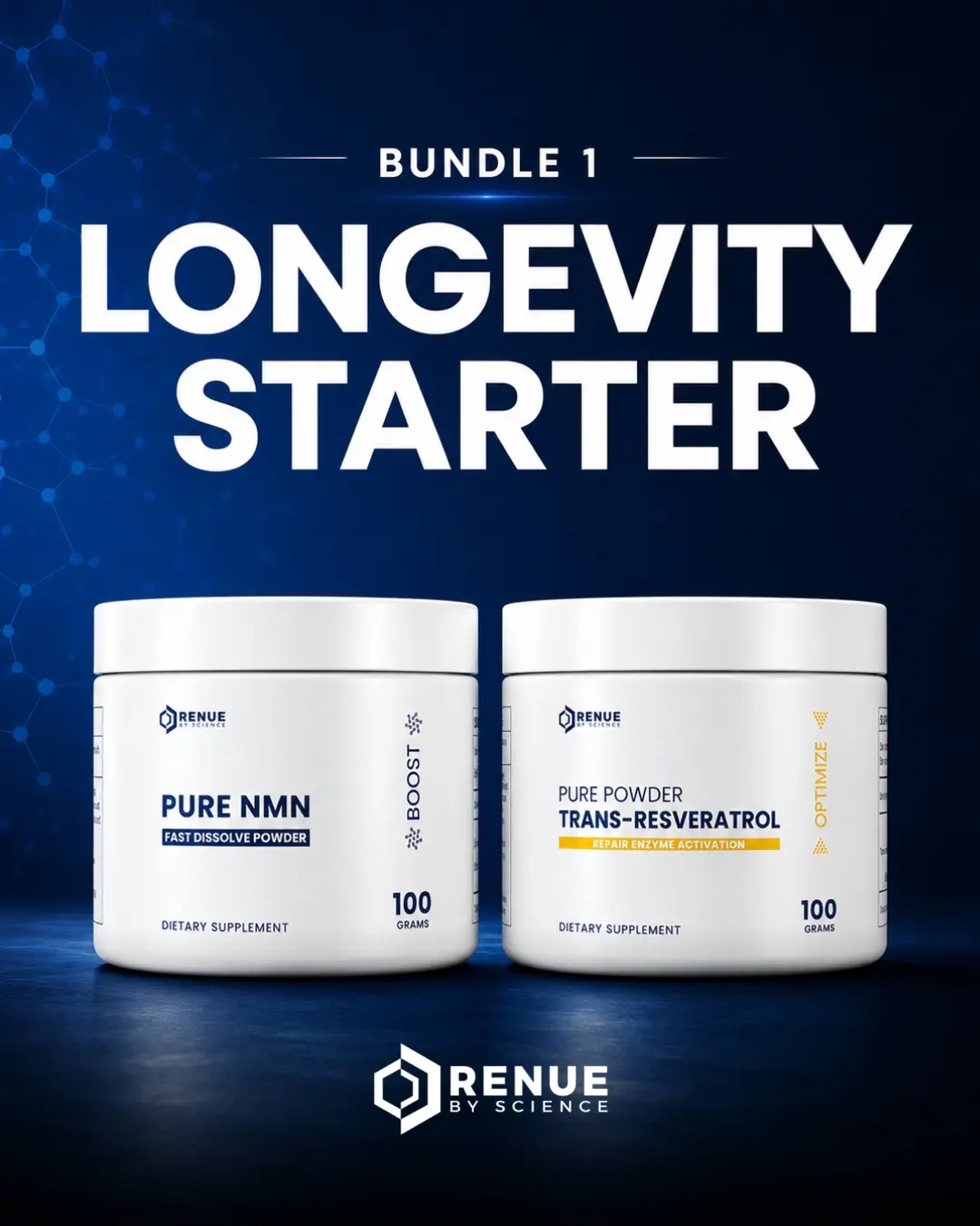 【DFYD Special】 Renue Longevity Starter Bundle - NMN Powder + 100g Resveratrol Vitamin Supplement, NAD+ Support, Cellular Energy, Antioxidant for Healthy Aging, Dietary