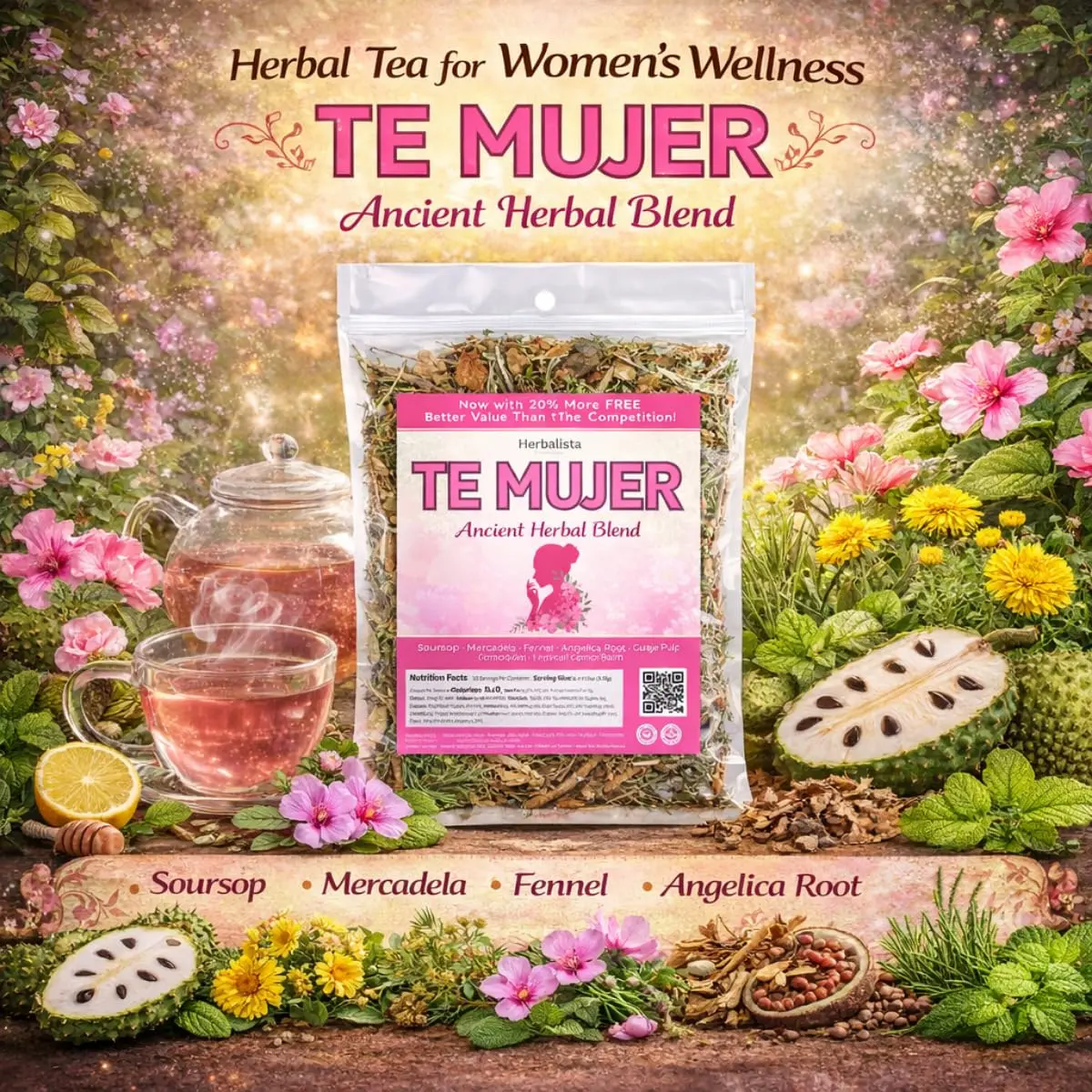 Herbalista Té de Mujer (Women’s Herbal Tea) – Traditional Loose Leaf Botanical Blend – 5 oz (141 g) – Caffeine-Free Herbal Infusion with Soursop, Calendula, Fennel & Lemon Balm – Vegan, Non-GMO