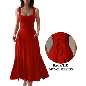 OYS Women's Casual Sleeveless Square Neck A-Line Solid Slim Flowy Long Dress with Pockets & Back Tie Detail Design