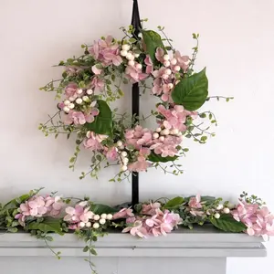 YOUR MOM WILL LOVE THIS!! Pink Floral Mothers Day Gift Set, 14" Pink Hydrangea Candle Wreath and 6' Garland. Spring Floral Decor