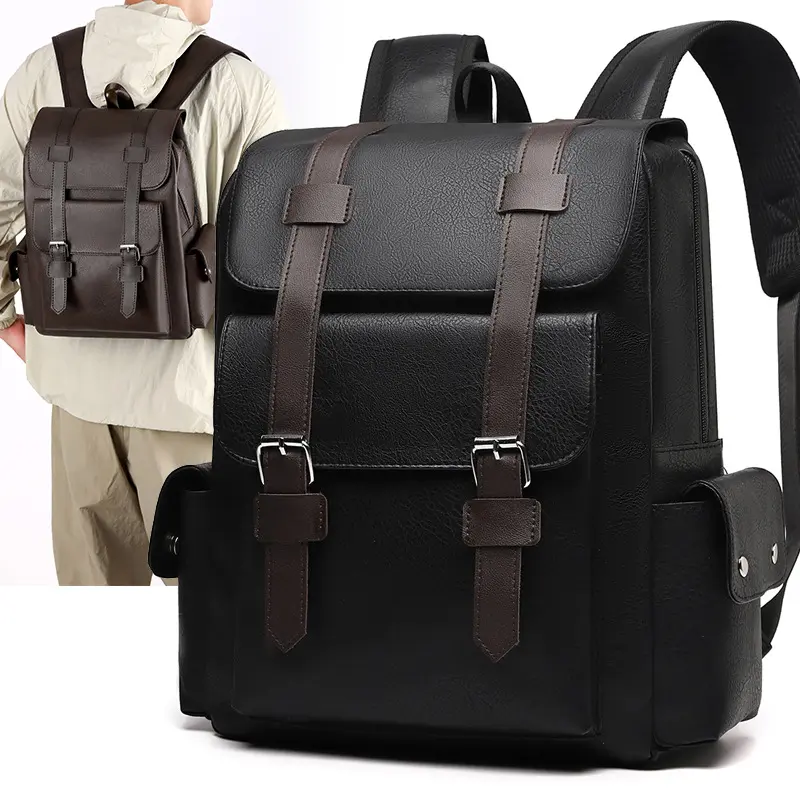 British retro soft PU leather backpack, casual large-capacity travel backpack with belt buckle