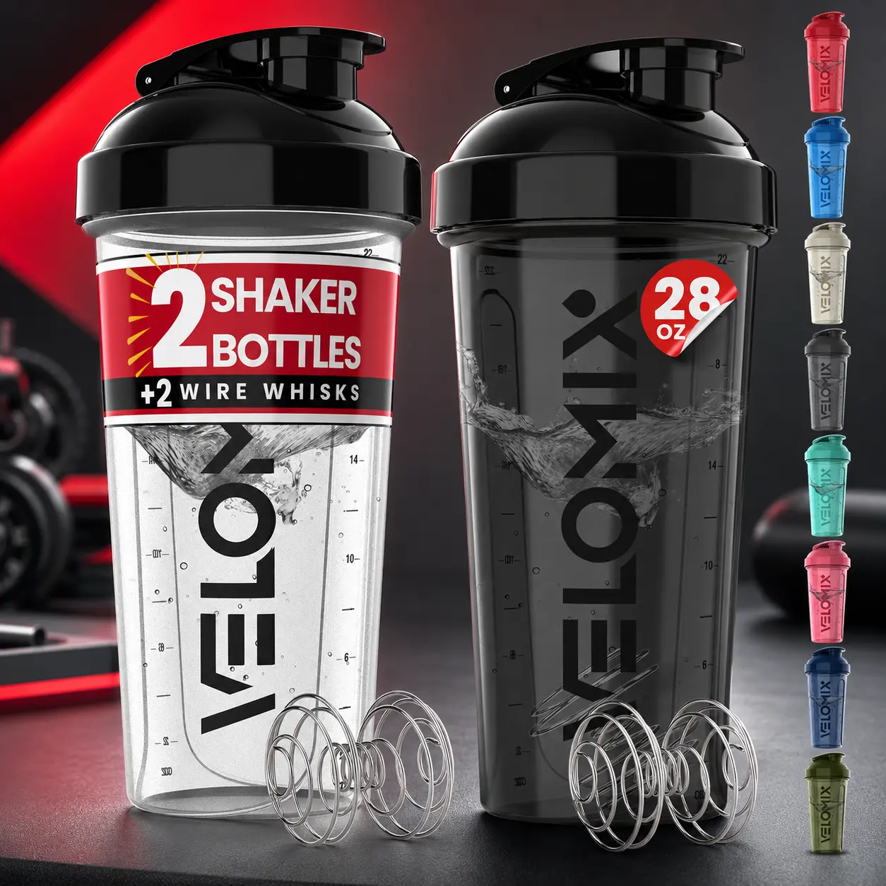VELOMIX Unisex 2-Pack 28oz Leak-Proof Fitness Protein Shaker Bottles with 2x Wire Whisks (Black/Transparent)