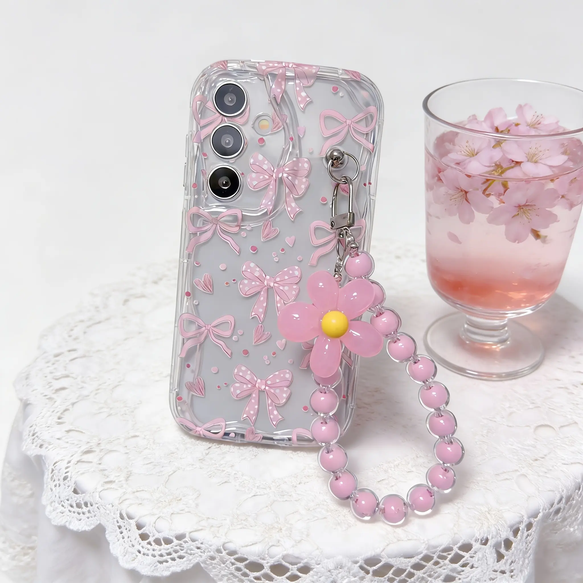 Transparent Shell, Smartphone Shell With Pink Bow Pattern+Flower Bead Hanging Chain Protective Phone Case For Samsung Galaxy M14 A02S A26 A36 A54 A14 A15 A16 A35 A25 A04S A04E A05S A05 A52 A50 A50S A30S A12 A03S A03 A52S A32 Back Cover Accessories