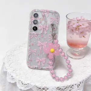 Transparent Shell With Pink Bow Pattern+Flower Bead Hanging Chain Protective Phone Case Casing For Samsung Galaxy M14 A02S A26 A36 A54 A14 A15 A16 A35 A25 A04S A04E A05S A05 A52 A50 A50S A30S A12 A03S A03 A52S A32 A72 A51 A53 Back Cover Accessories