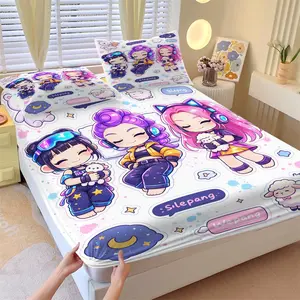 K-Pop Anime Girl Group Fitted Sheet Set, 1 Bed Sheet and 2 Coreless Pillowcases, Sweet Cool Gaming Style Dressed Girls Bedding, Soft Breathable Fabric, Bedroom Dorm Use, Fan Gift