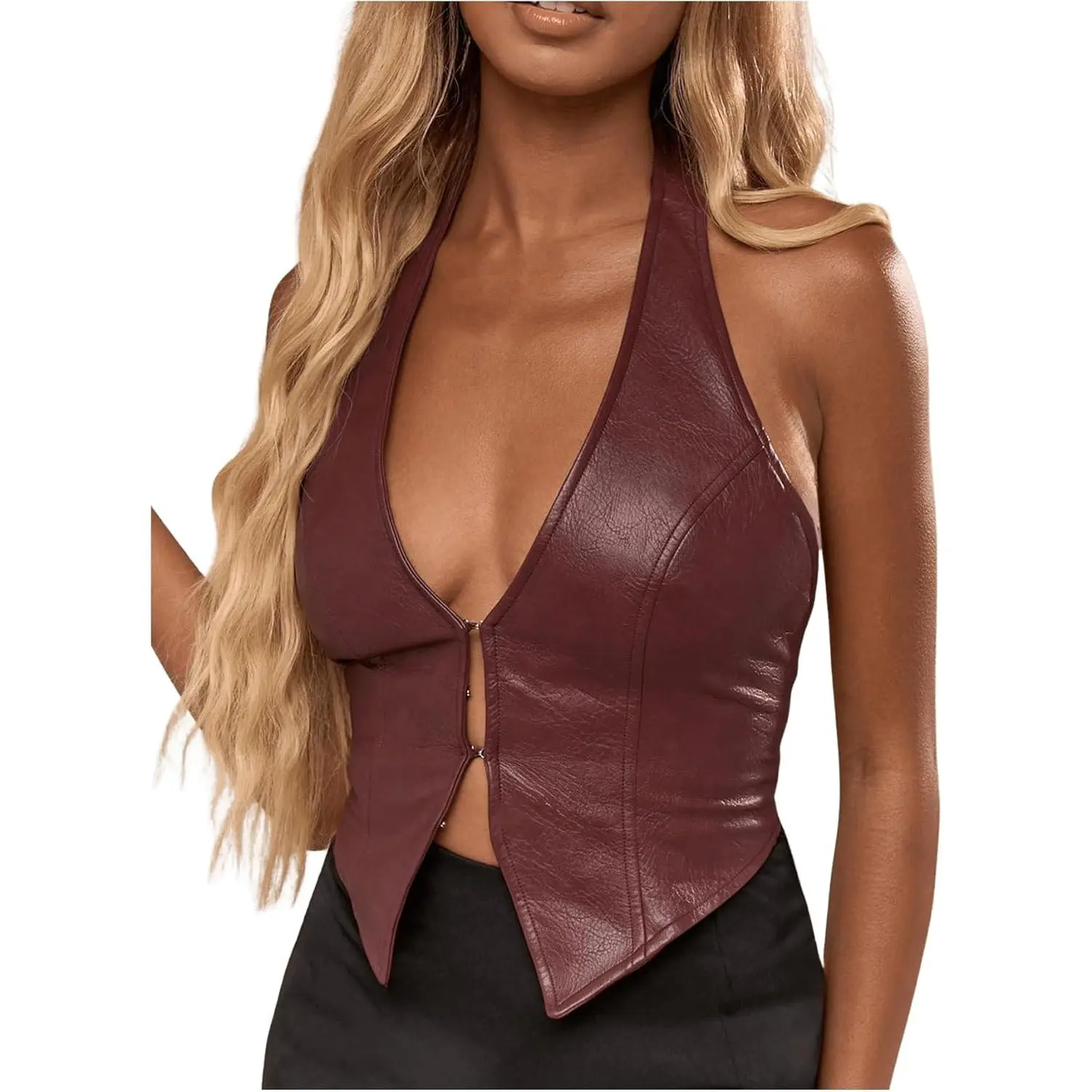 Women's PU Leather Halter Tank Top - Lady's Plain Clothes, PU Leather Material, Sexy Deep V Neck, Asymmetrical Corset Vest, Sleeveless Minimalist Coffee Brown Summer Party Clubwear, Casual Fit Tubetop, Leather & Faux Leather