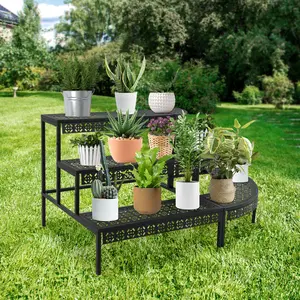 Black Iron 3 Tier Plant Stand Corner Shelf Floor Standing Display Rack 33lbs Capacity per Tier for Indoor Outdoor Plants Flowers Succulents or Shoes